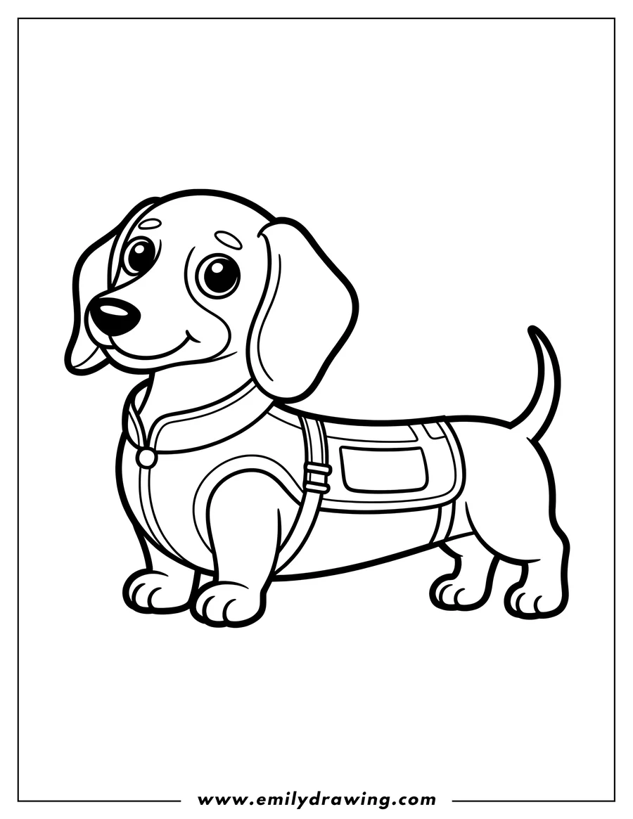 Outline of a dachshund wearing a vest.