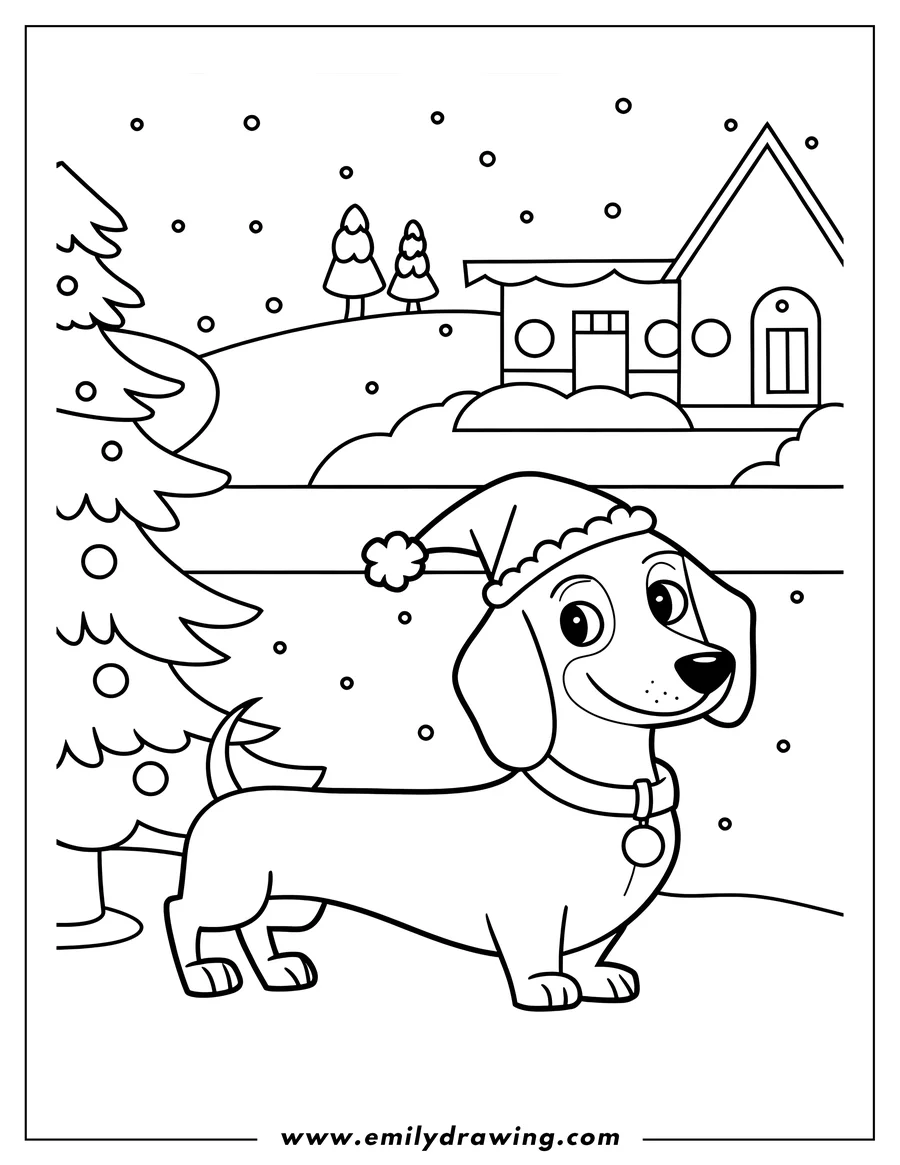 Line art of a dachshund wearing a Santa hat in a snowy scene with a decorated Christmas tree and a house in the background.