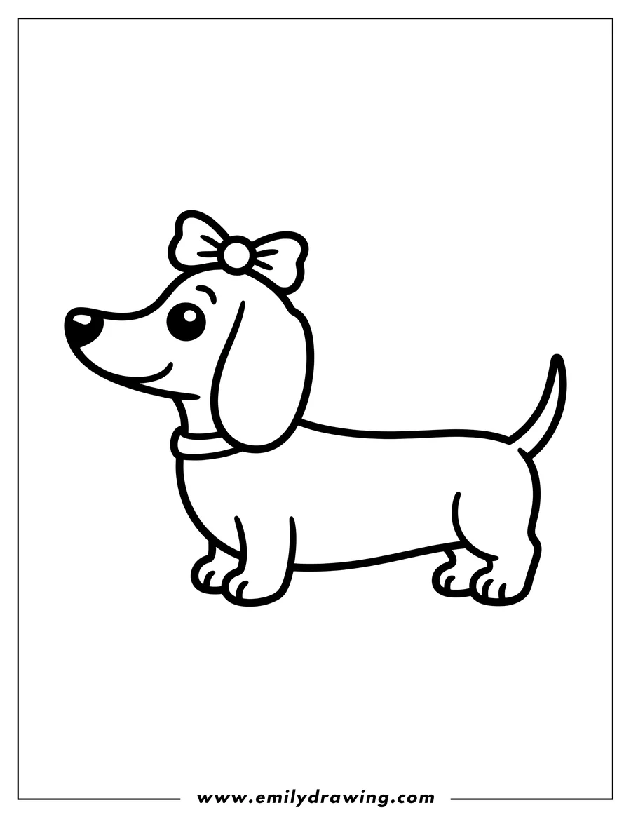 Outline of a dachshund wearing a bow on its head.