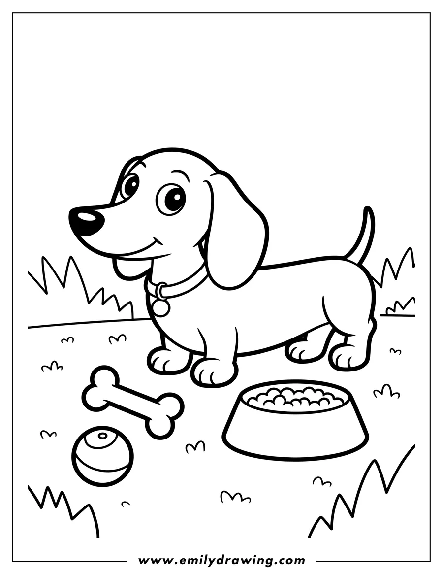 Line art of a dachshund with a collar standing near a bowl of food, a bone, and a ball.
