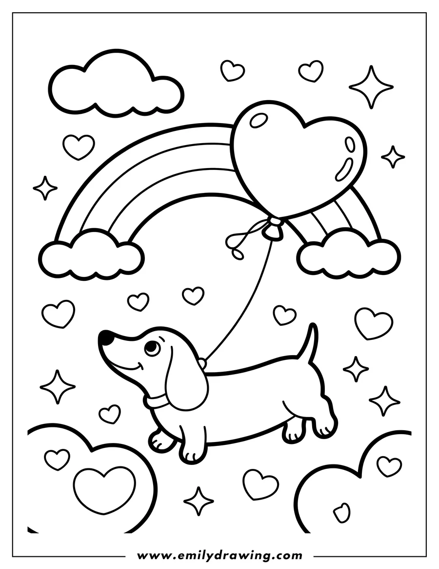Outline of a dachshund holding a heart-shaped balloon, floating near a rainbow with hearts and sparkles around it.
