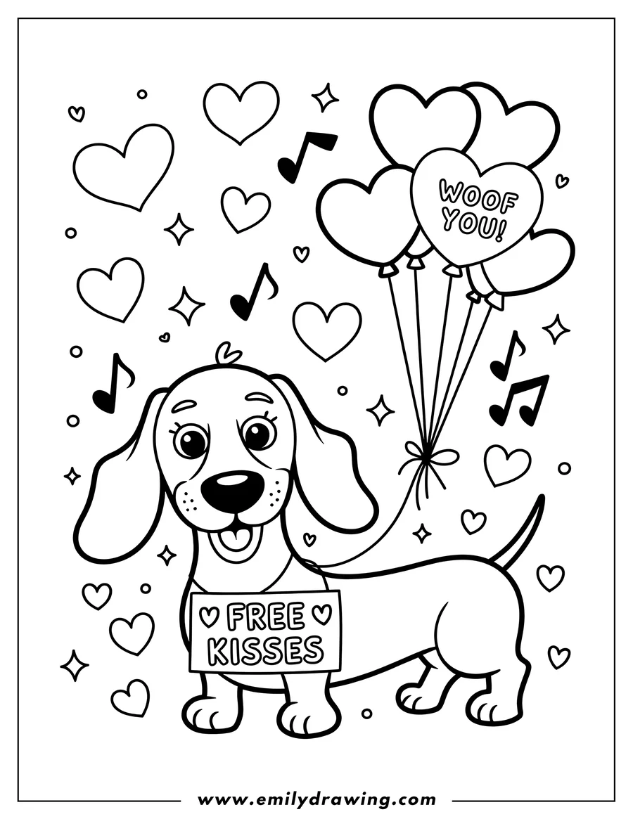 Line art of a dachshund holding heart-shaped balloons and a sign that says 'Free Kisses'. Music notes and hearts surround the pup.