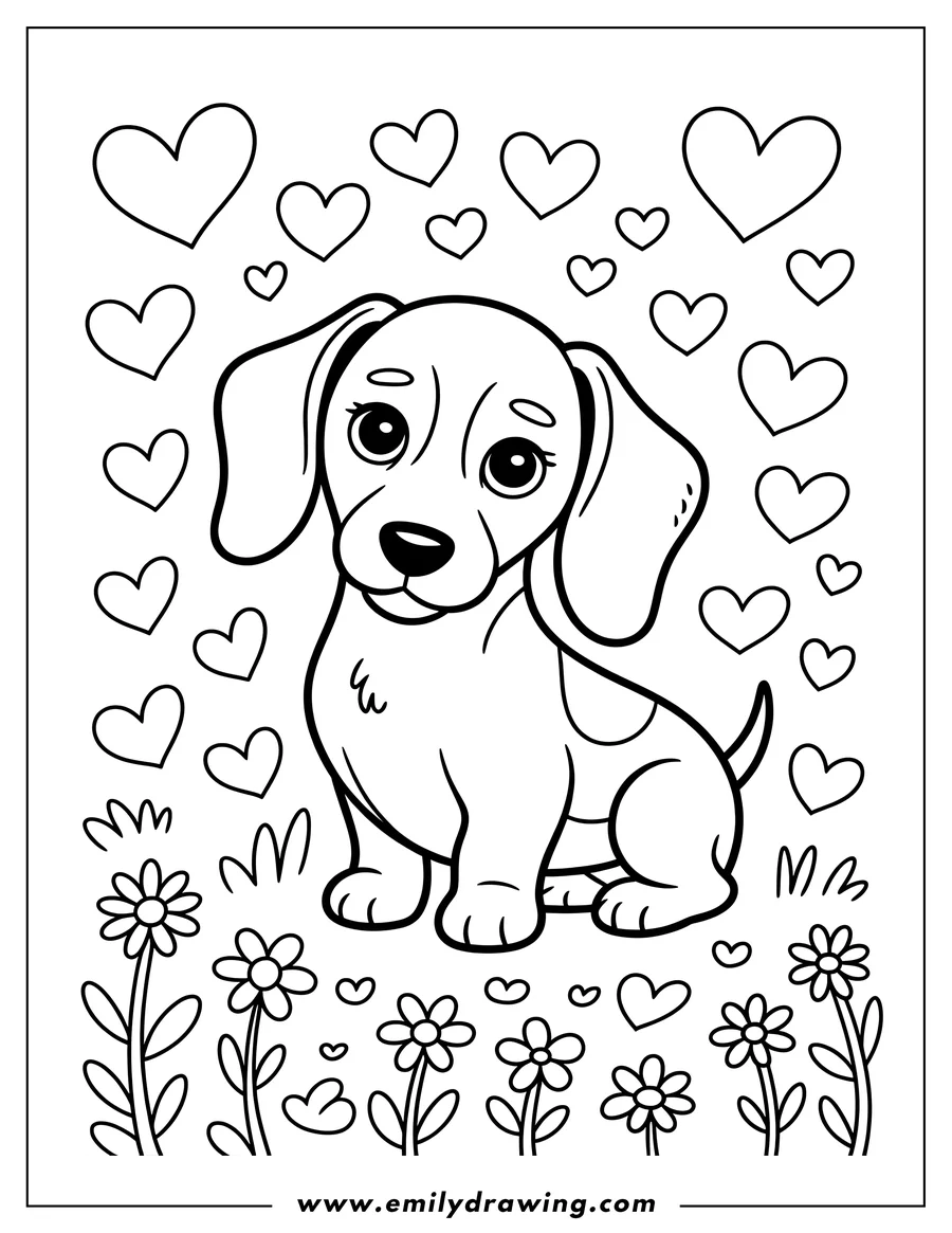 Outline of a dachshund sitting among flowers, surrounded by hearts.