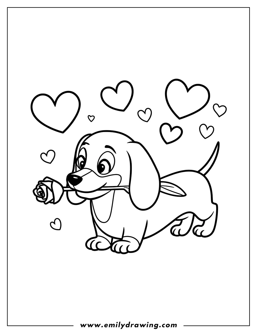 Line art of a dachshund holding a rose in its mouth, surrounded by floating hearts.