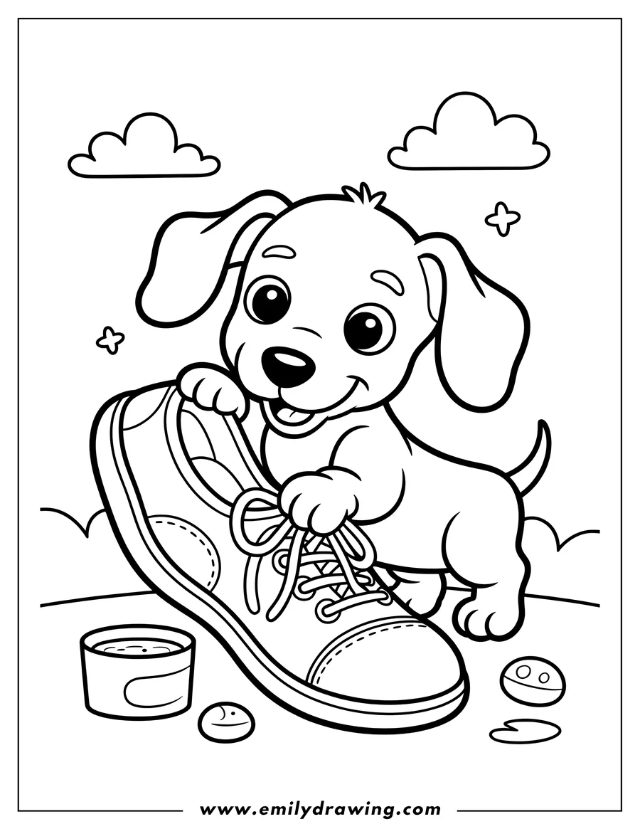 Outline of a playful dachshund puppy with a large shoe, a small container, and pebbles on the ground.