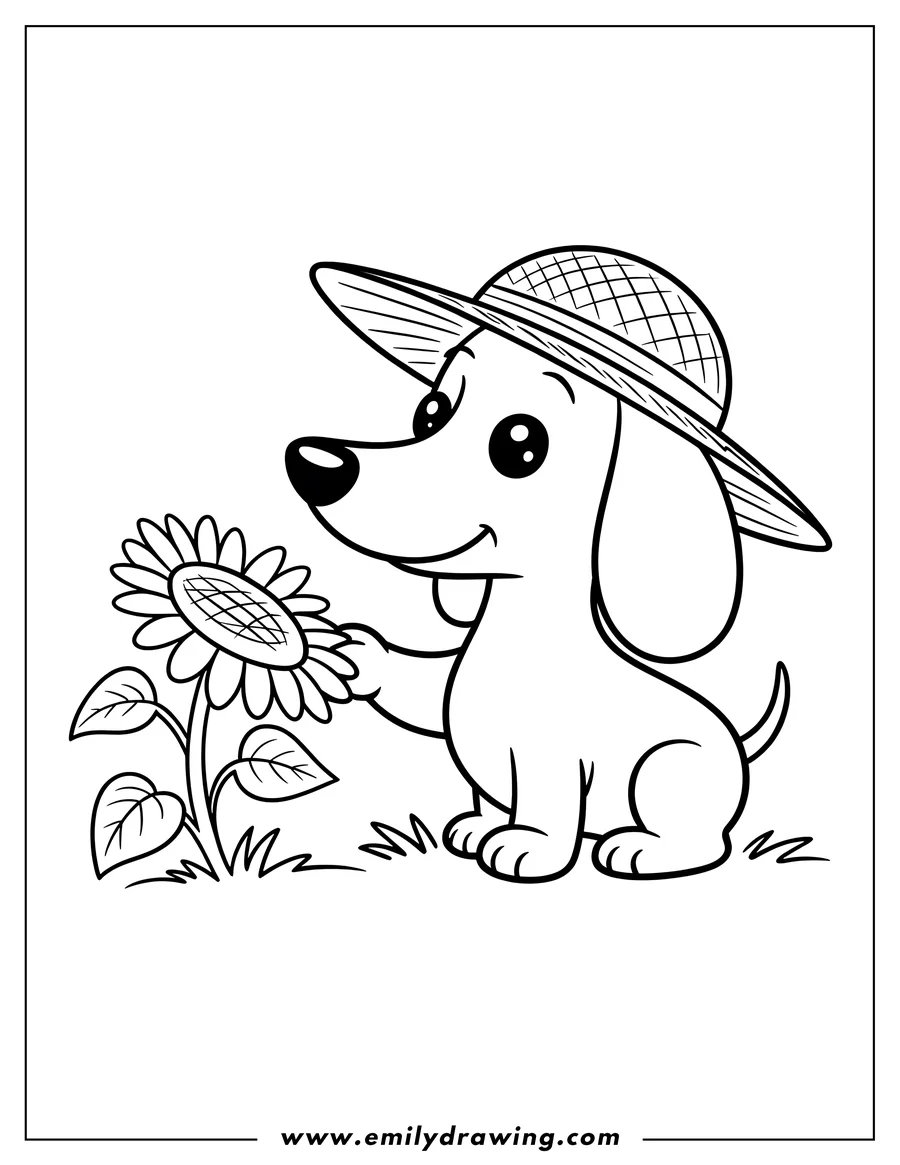 Line art of a dachshund wearing a straw hat and gently touching a sunflower.