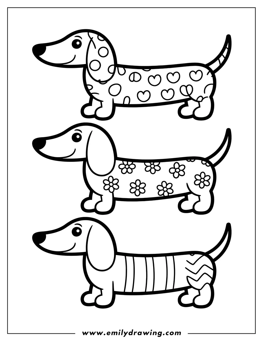 Outline of three dachshund dogs with various patterns on their bodies.