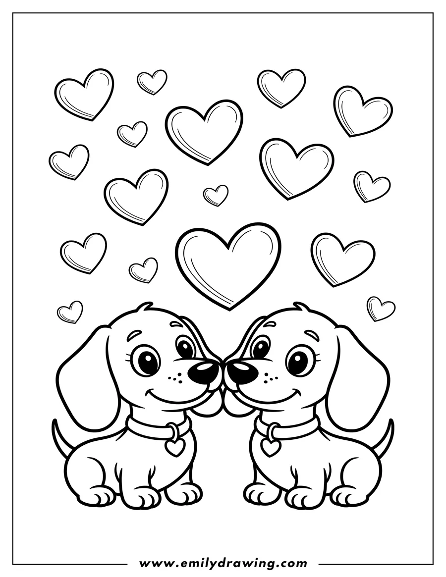 Outline of two dachshunds facing each other, noses touching, with hearts floating above them. Both dogs wear collars with heart-shaped tags.