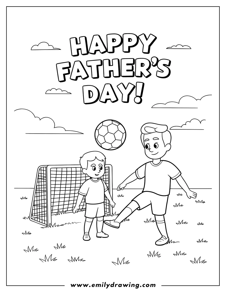 Line art of a father and child playing soccer. The child stands by the soccer net, ready to be the goalie, and the dad prepares to kick the ball. The words
