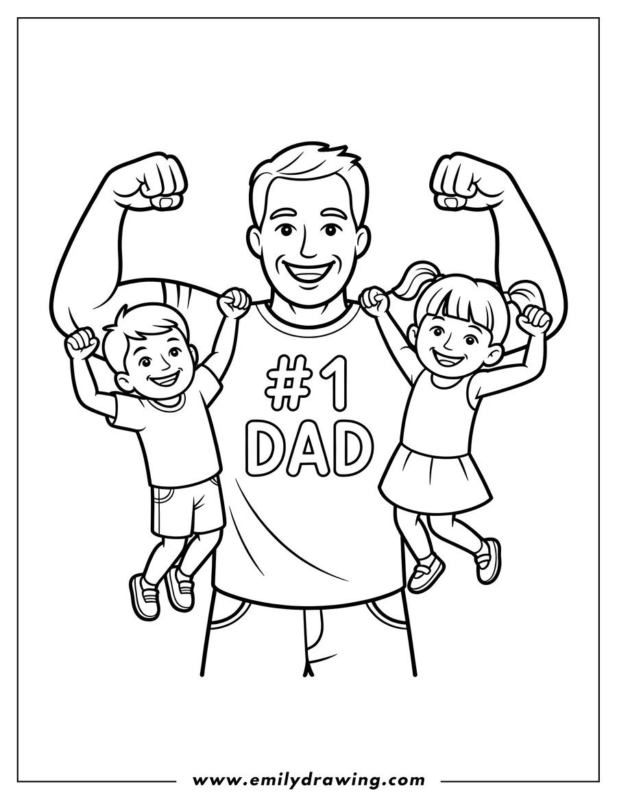 Outline of a dad holding two children, a boy and a girl, in his arms. He's wearing a t-shirt that reads '#1 Dad'.