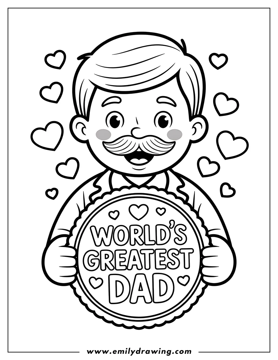 Line art of a dad holding a sign that says