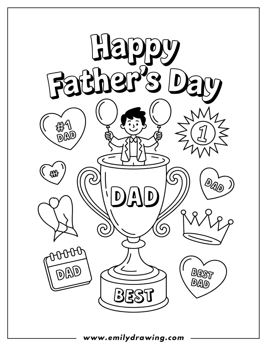 Line art of a Father's Day scene with a dad holding balloons inside a large trophy, surrounded by hearts, a crown, a calendar and a starburst design with the number 1.