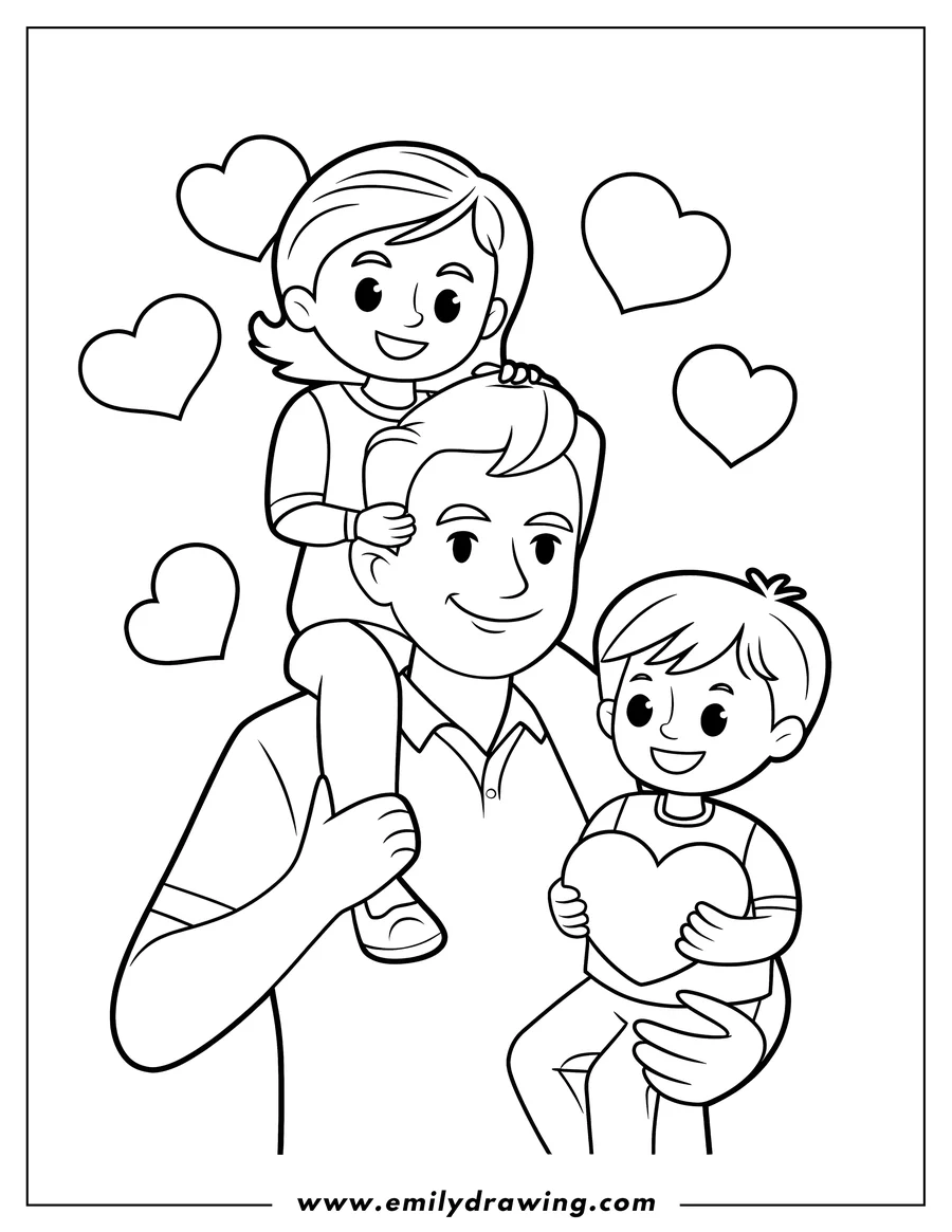 Line art of a dad with his two kids. Daughter sits on dad's shoulders and the son sits on dad's arm, holding a large heart. Many small hearts surround them.