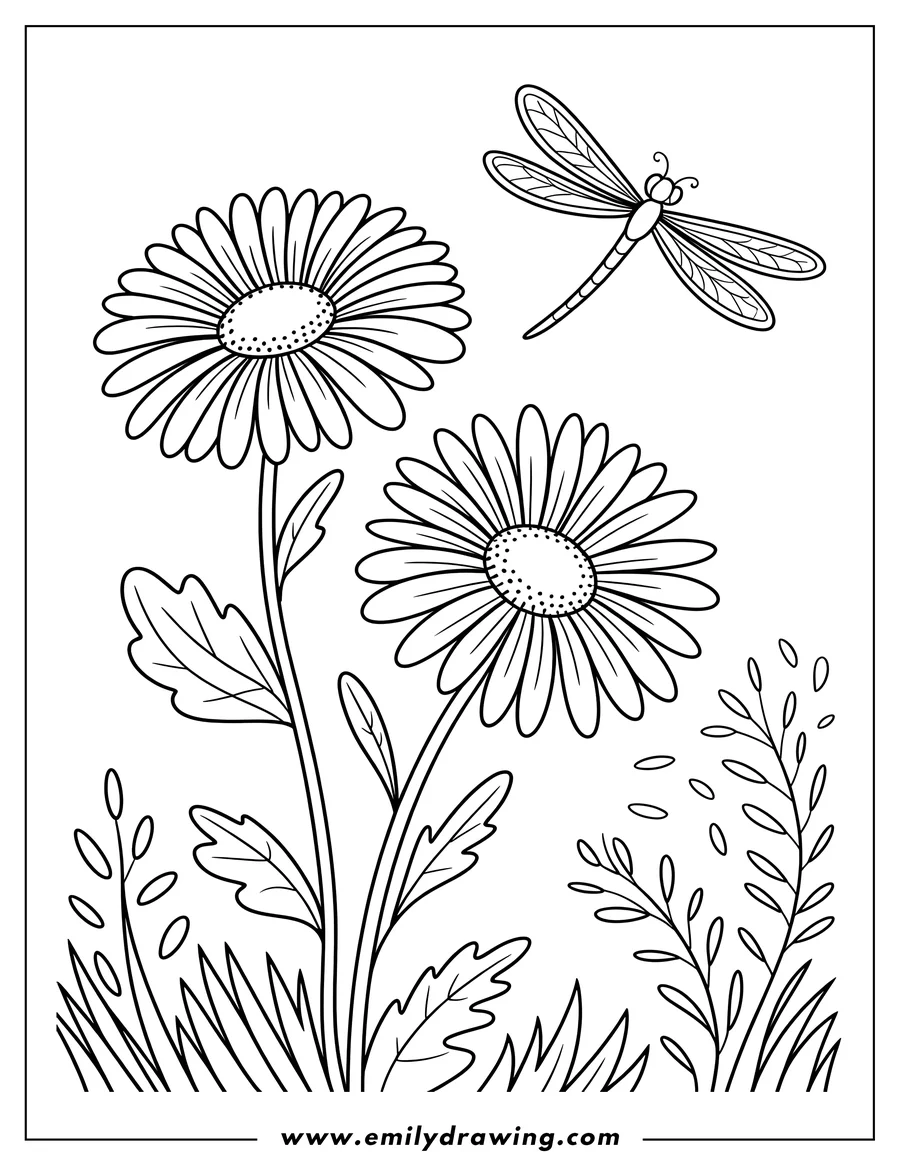Line art of two daisies with a dragonfly flying above them. Grass and smaller plants are visible at the base.