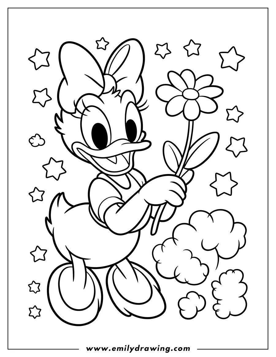 Line art of Daisy Duck holding a flower with a bow on her head and surrounded by stars.