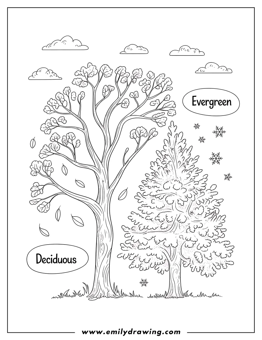 Outline of a deciduous tree shedding leaves and an evergreen tree with snowflakes around it.