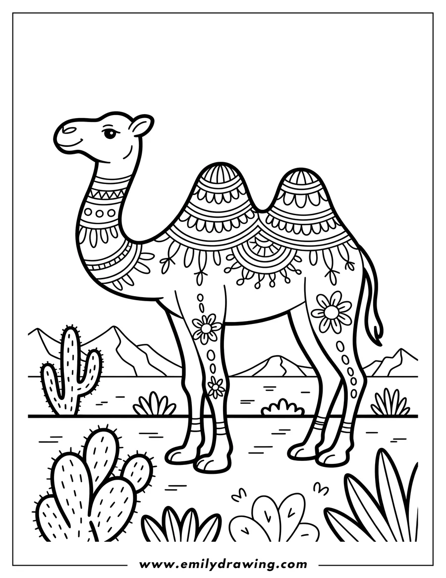 Line art of a decorated camel standing in a desert landscape with cacti and mountains in the background.