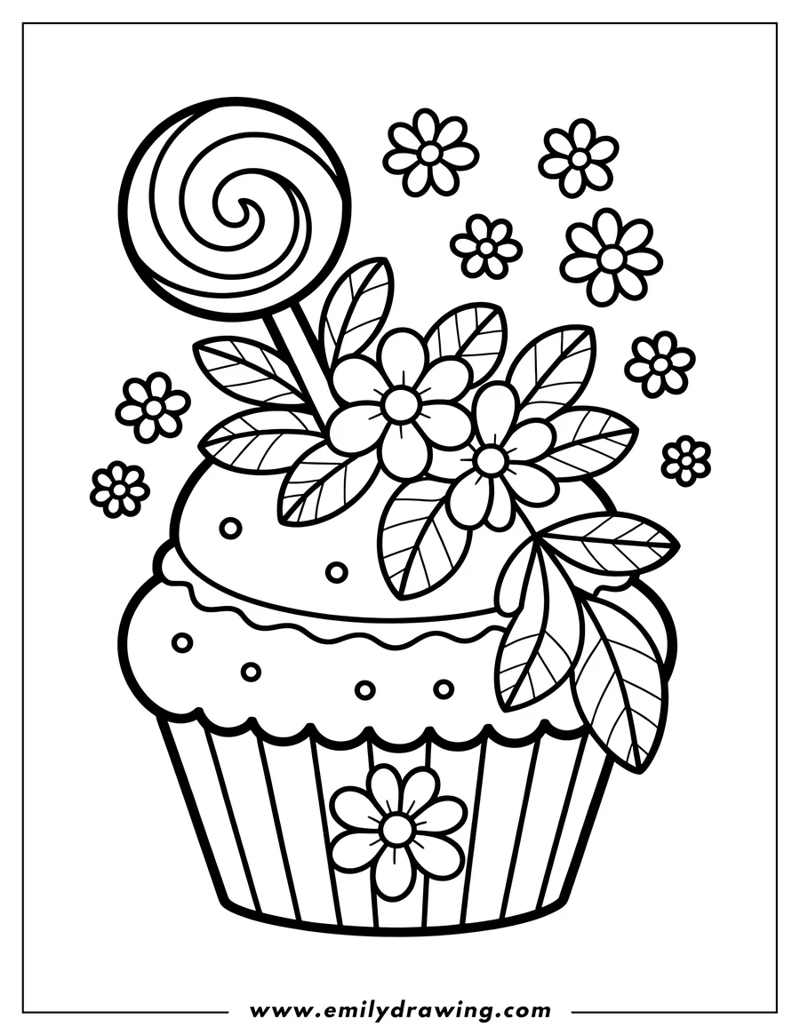 Outline of a decorated cupcake with frosting, sprinkles, a lollipop, and flowers.