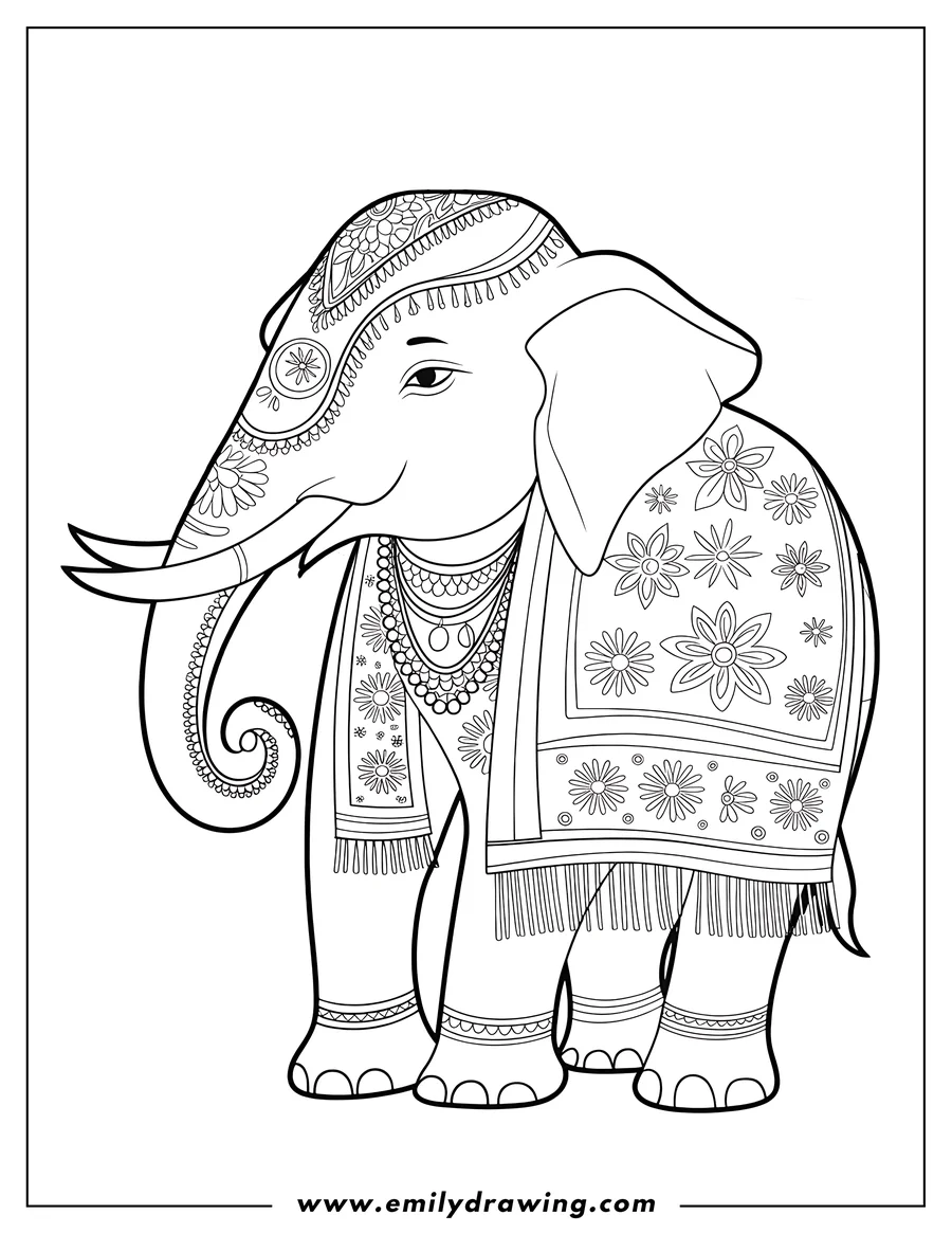 Line art of an elephant decorated with floral patterns and jewelry.