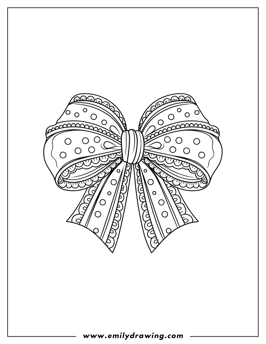 Line art of a decorative bow with intricate patterns and details, ready for coloring.