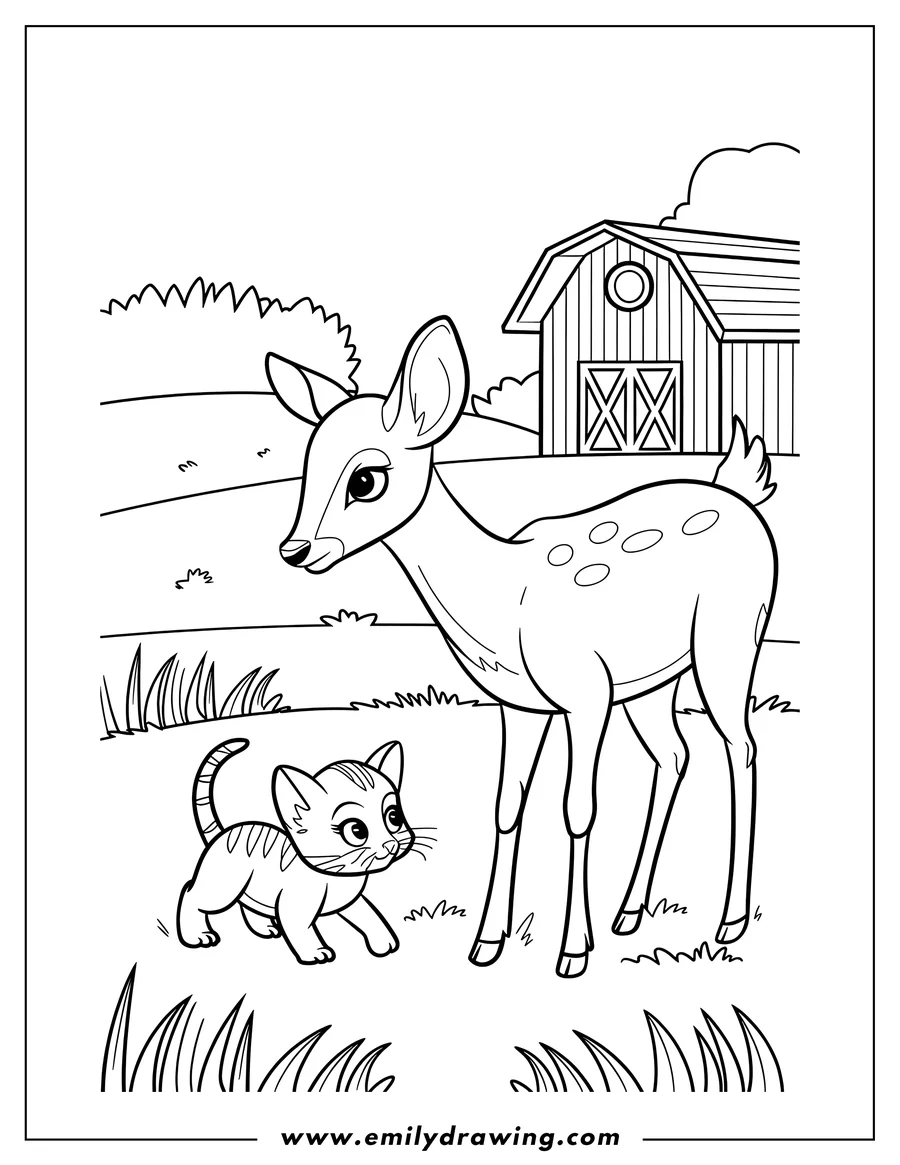 Line art of a deer and a cat standing in a field of grass, near a barn on a farm.