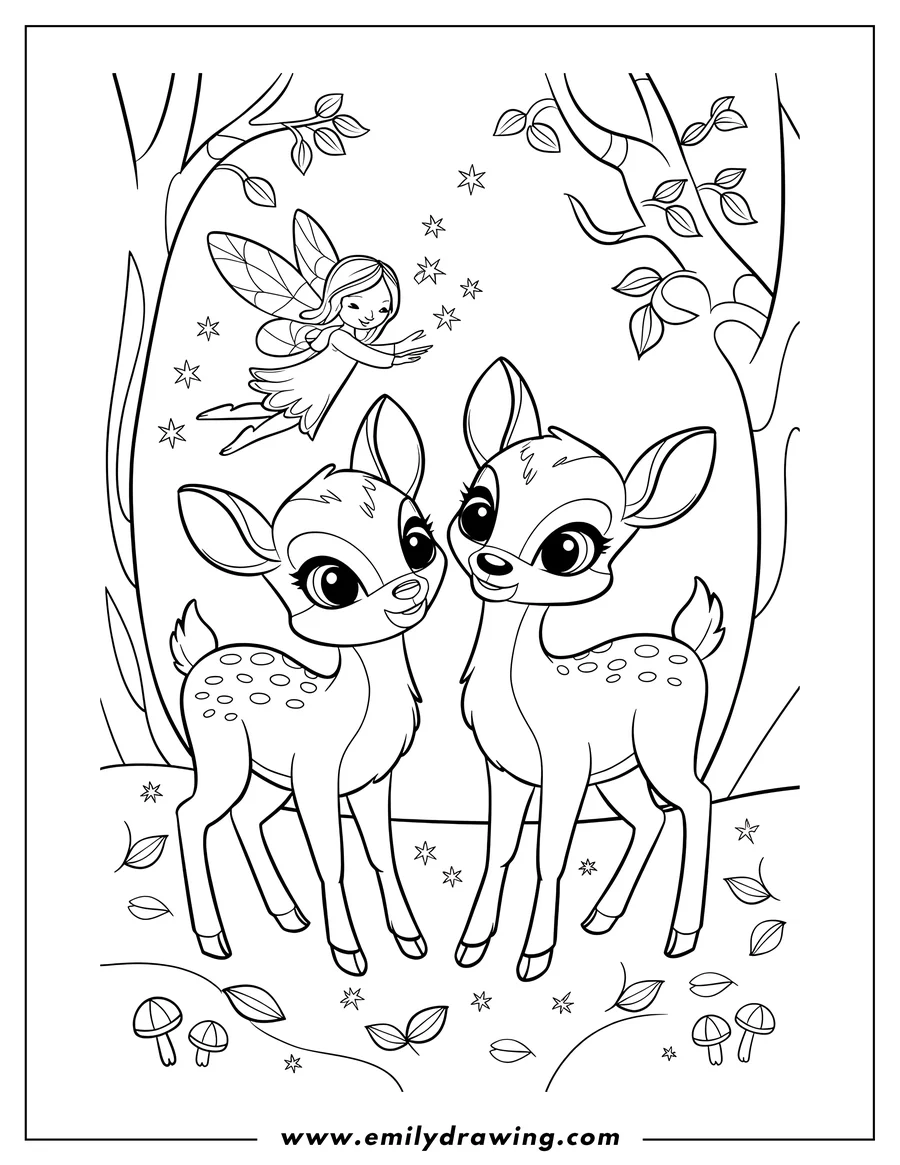 Outline of two young deer standing in a forest clearing with a fairy scattering stars above them. Small mushrooms and leaves are visible on the ground.