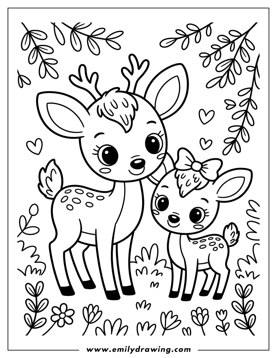 Outline of a mother deer and her fawn surrounded by flowers and leaves. The fawn wears a bow on its head.