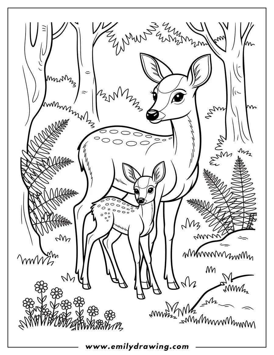Outline of a mother deer and her fawn standing together in a forest clearing, surrounded by ferns and flowers.