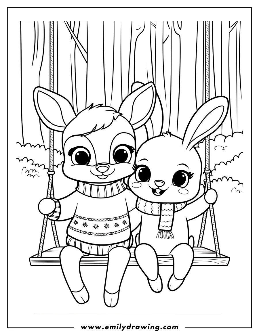 Outline of a deer and a rabbit sitting together on a swing in the forest. The deer wears a patterned sweater, and the rabbit has a striped scarf. They appear happy and friendly.