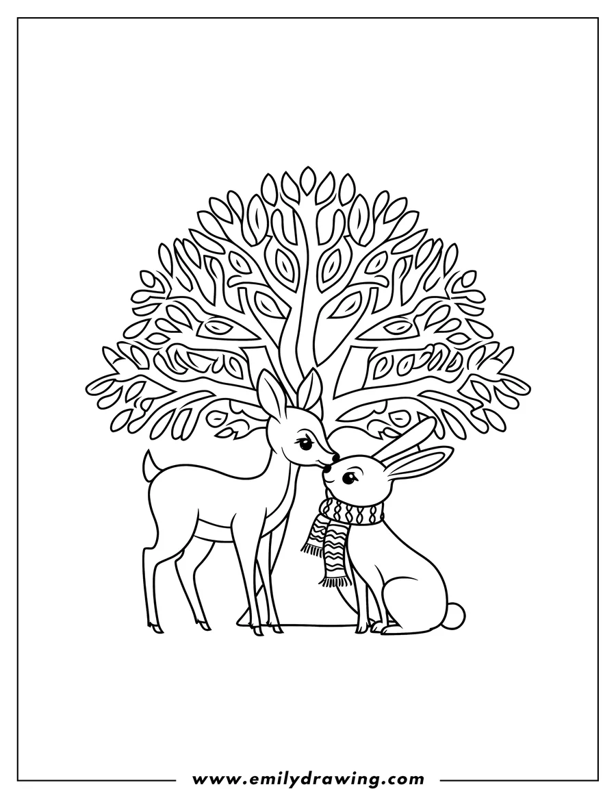 Outline of a deer and rabbit sitting together under a large, leafy tree. The rabbit wears a striped scarf.