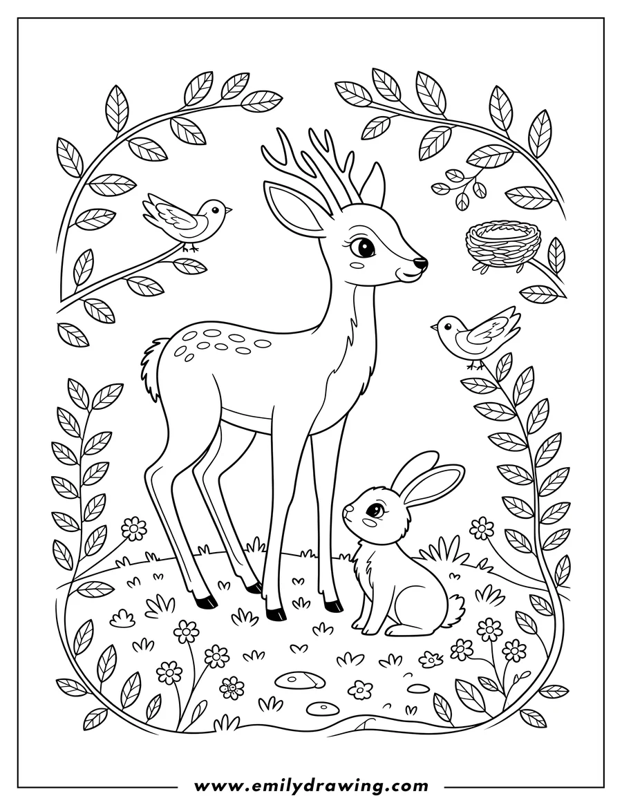 Line art of a deer and a rabbit with birds and a nest in a floral and leafy border.