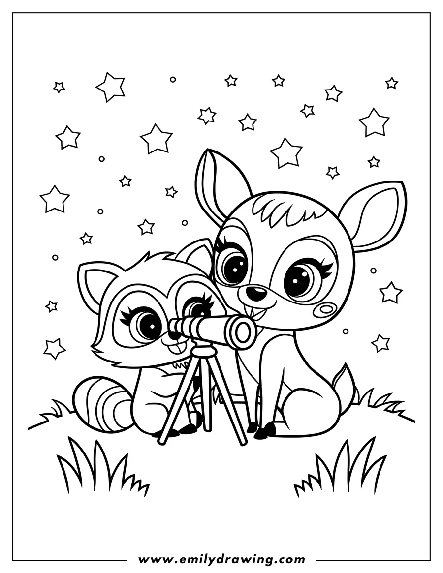 Line art of a deer and raccoon looking through a telescope at the starry night sky.