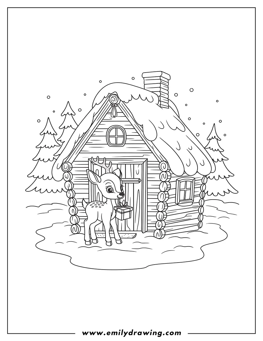 Outline of a deer holding a present standing in front of a snow-covered cabin in a winter forest setting.