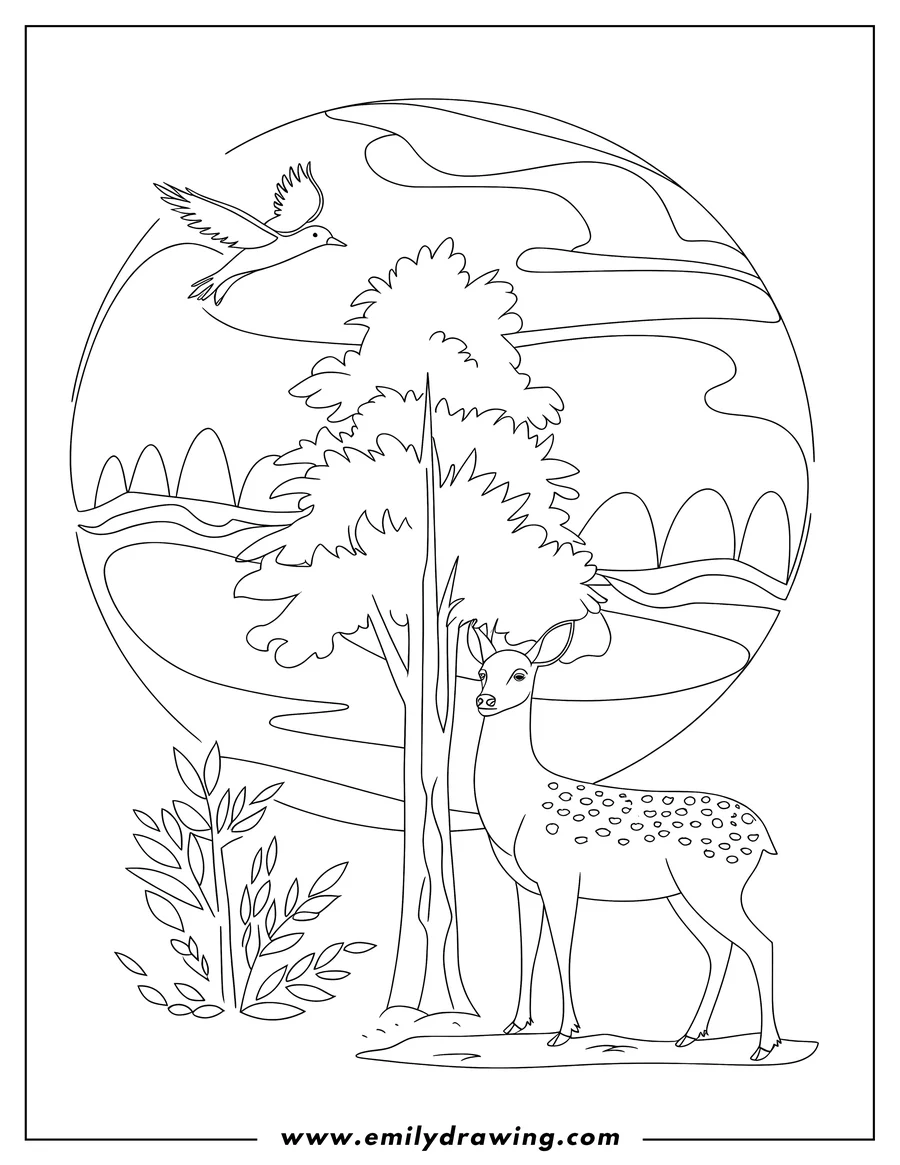 Outline of a spotted deer standing near a tree, with a bird flying overhead and a small plant to the side. Set against a stylized backdrop of rolling hills and sky.