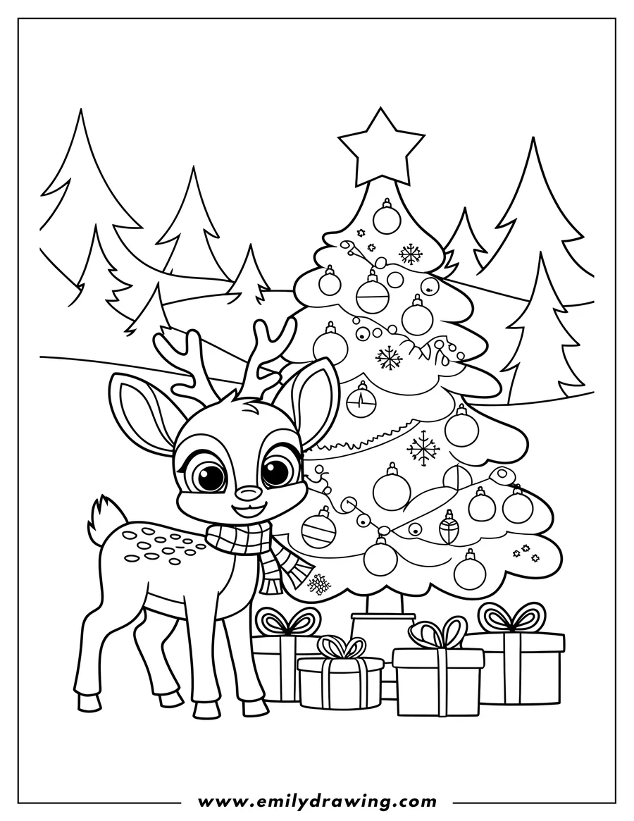 Outline of a deer wearing a scarf standing next to a decorated Christmas tree with presents underneath.