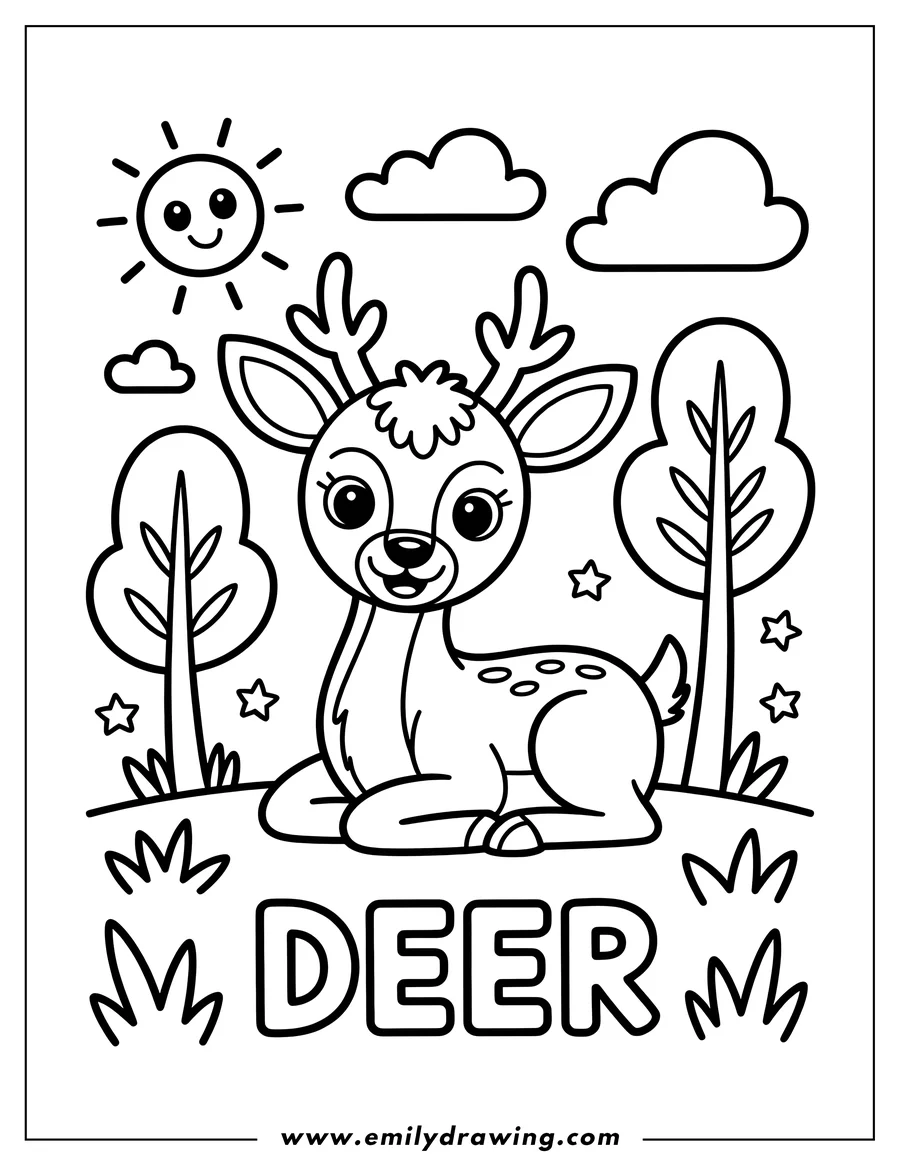 Outline of a deer sitting in the grass near trees.