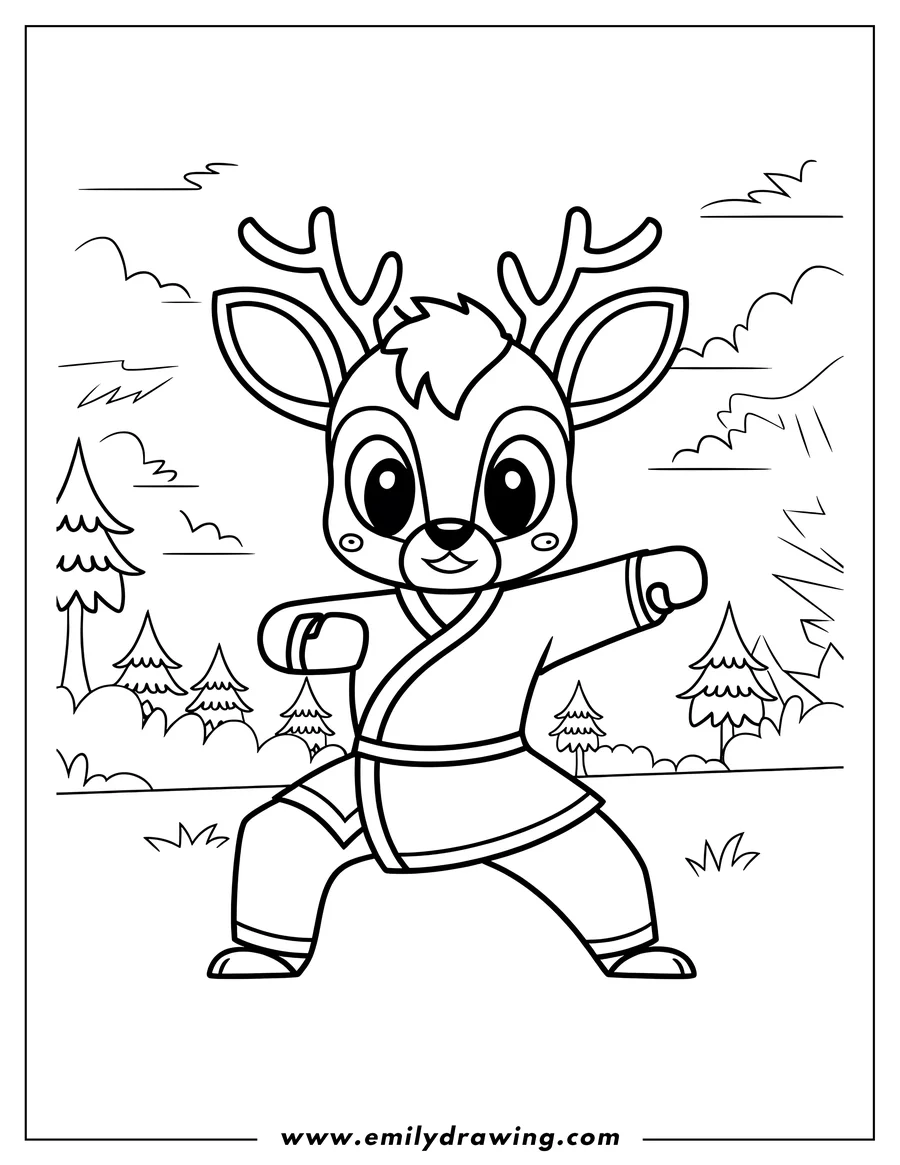 Outline of a deer wearing a karate uniform and performing a karate stance in a grassy area with trees.