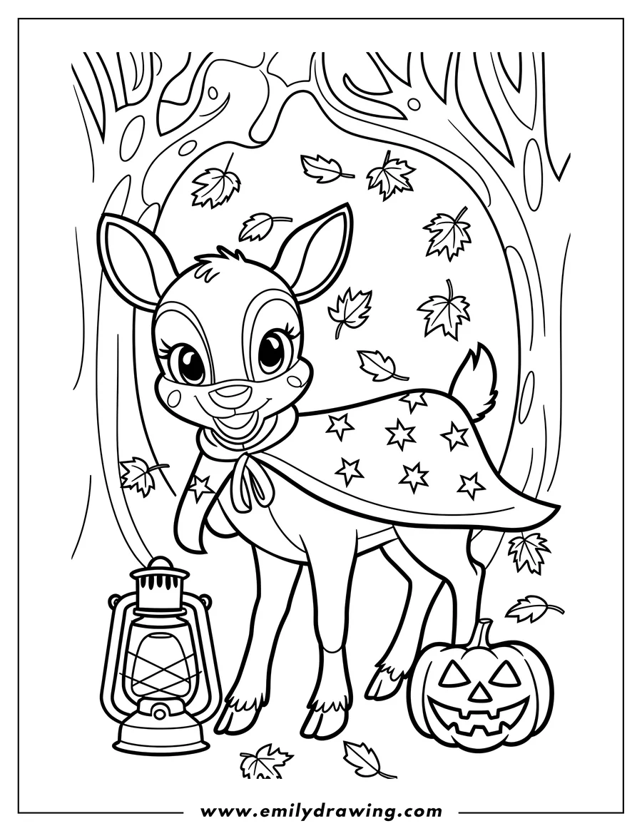 Line art of a deer wearing a starry cape, standing near a jack-o'-lantern and an old-fashioned lantern, with falling autumn leaves in the background.