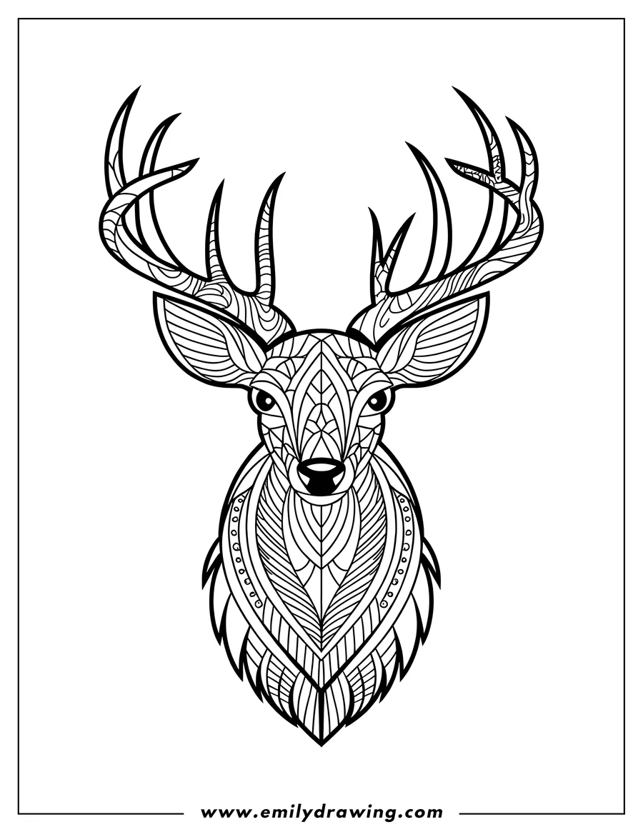 Line art of a deer head with decorative antlers.