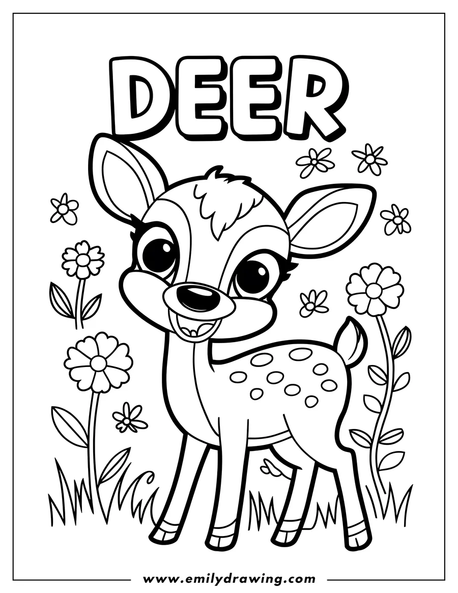 Outline of a young deer standing in a field of grass and flowers.