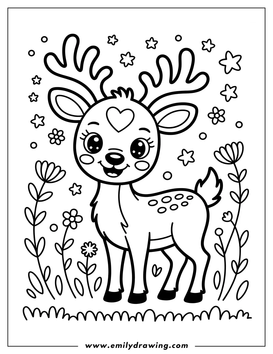 Outline of a deer standing in a meadow with flowers and small stars around it. The deer has large eyes, spots on its back, and a heart marking on its forehead.