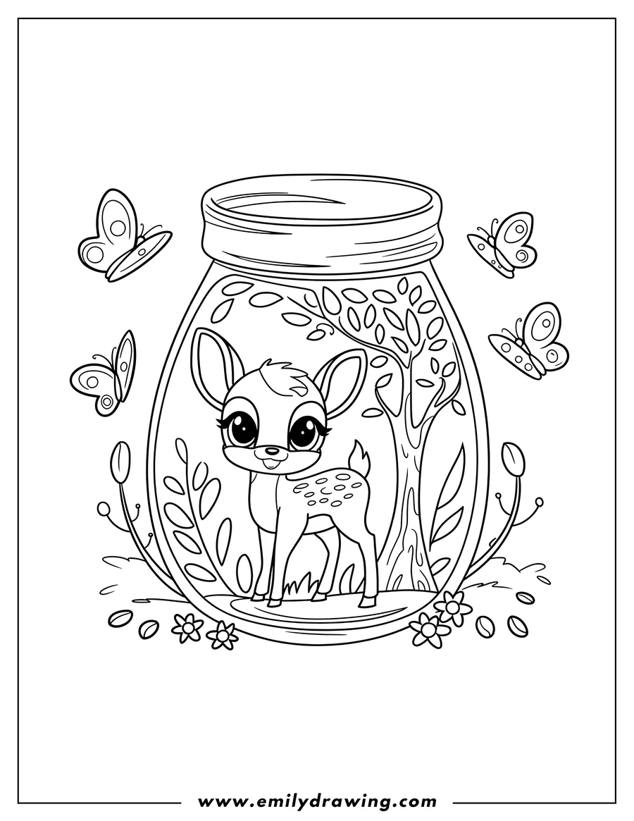 Outline of a deer inside a jar, a tree beside the deer, and butterflies surrounding the jar.