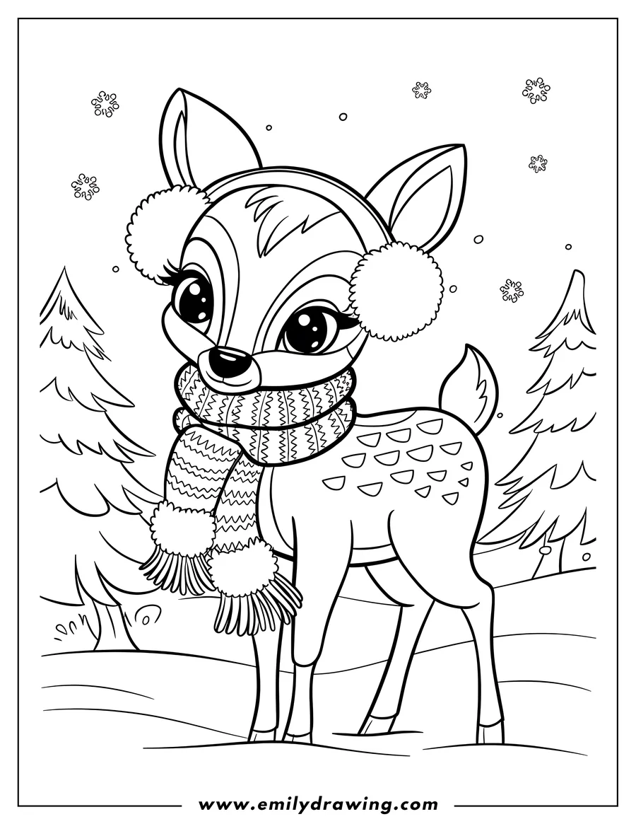 Line art of a deer wearing earmuffs and a scarf in a snowy winter scene with pine trees.
