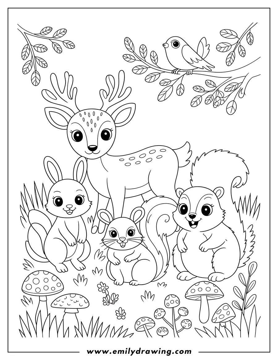 Outline of a deer, rabbit, chipmunk, and squirrel standing together in a forest setting with mushrooms, grass, and a bird on a branch.