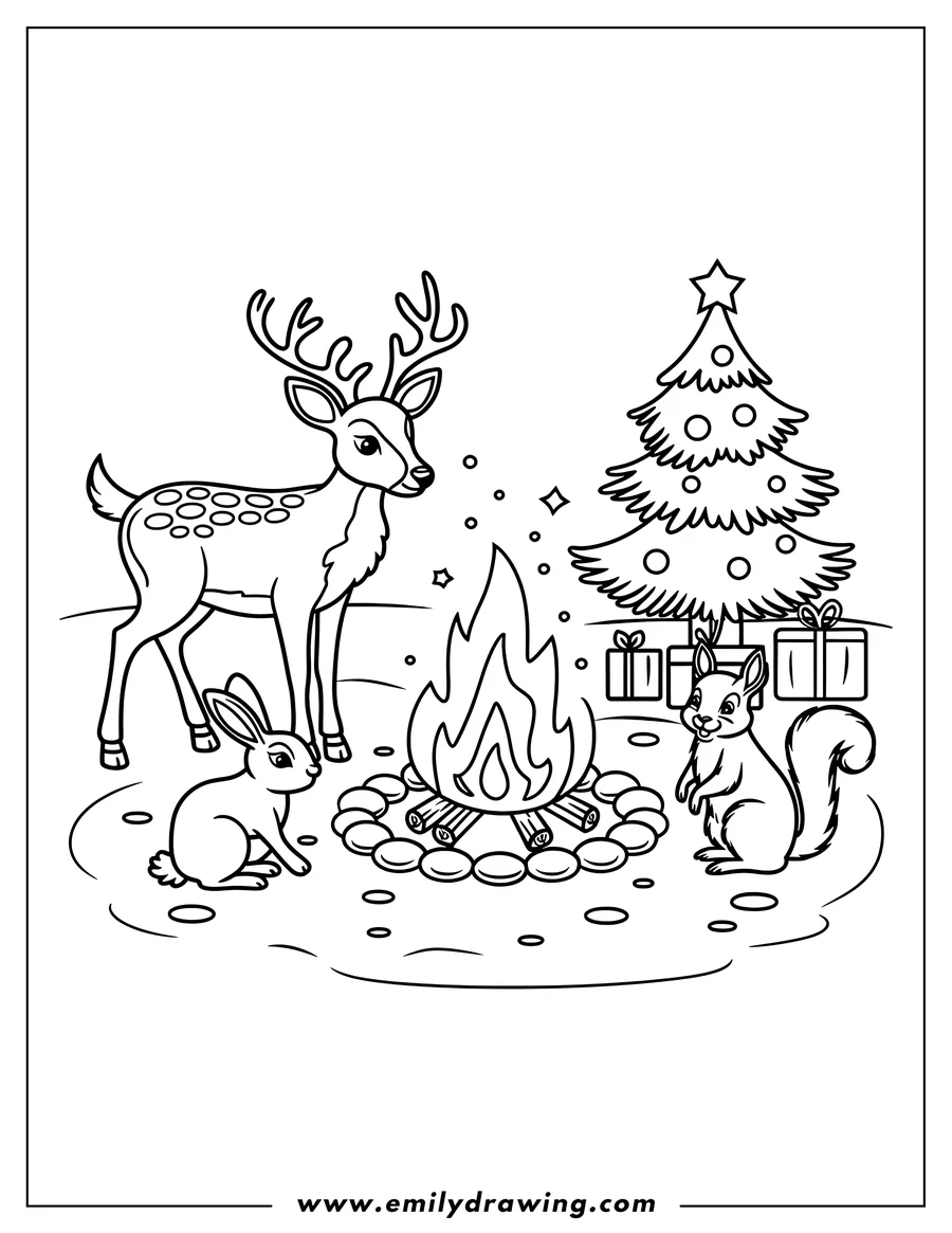 Line art of a deer, a rabbit, and a squirrel gathered around a campfire. A decorated Christmas tree and presents are in the background, creating a festive scene.