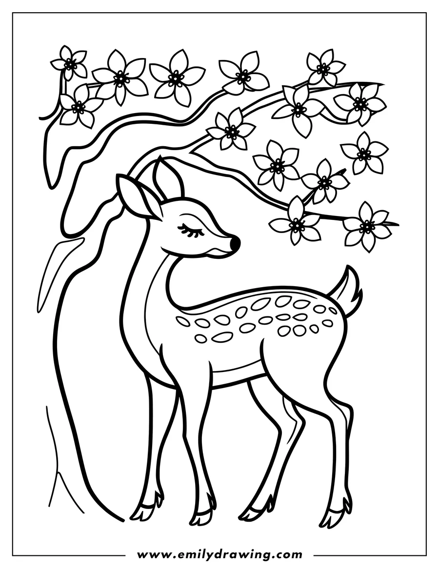 Outline of a deer standing beneath a cherry blossom tree.