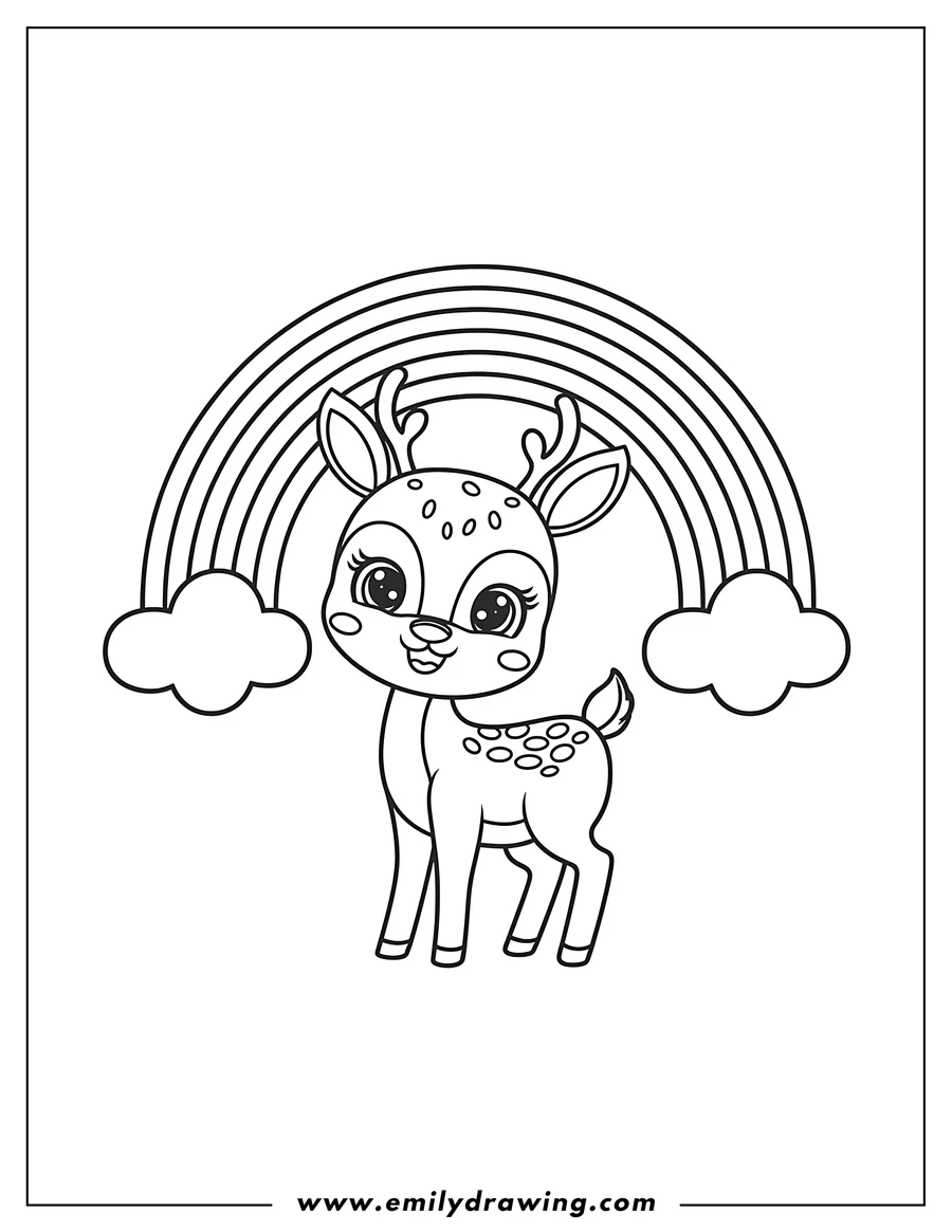 Outline of a deer standing beneath a rainbow with fluffy clouds on either side.