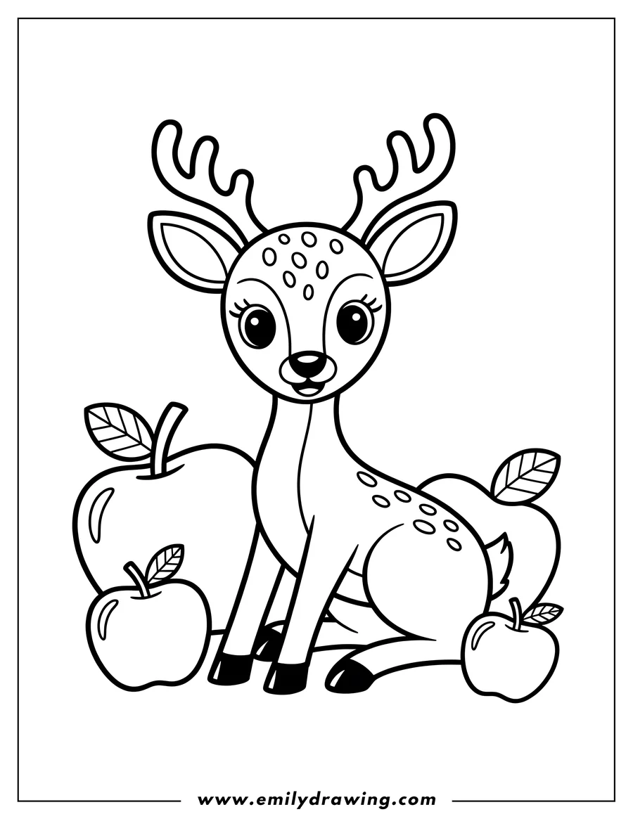 Outline of a deer sitting with three apples.