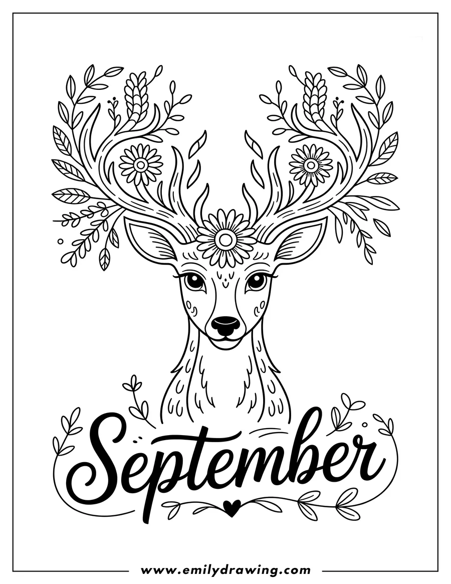Line art of a deer with antlers adorned with flowers and leaves. The word 