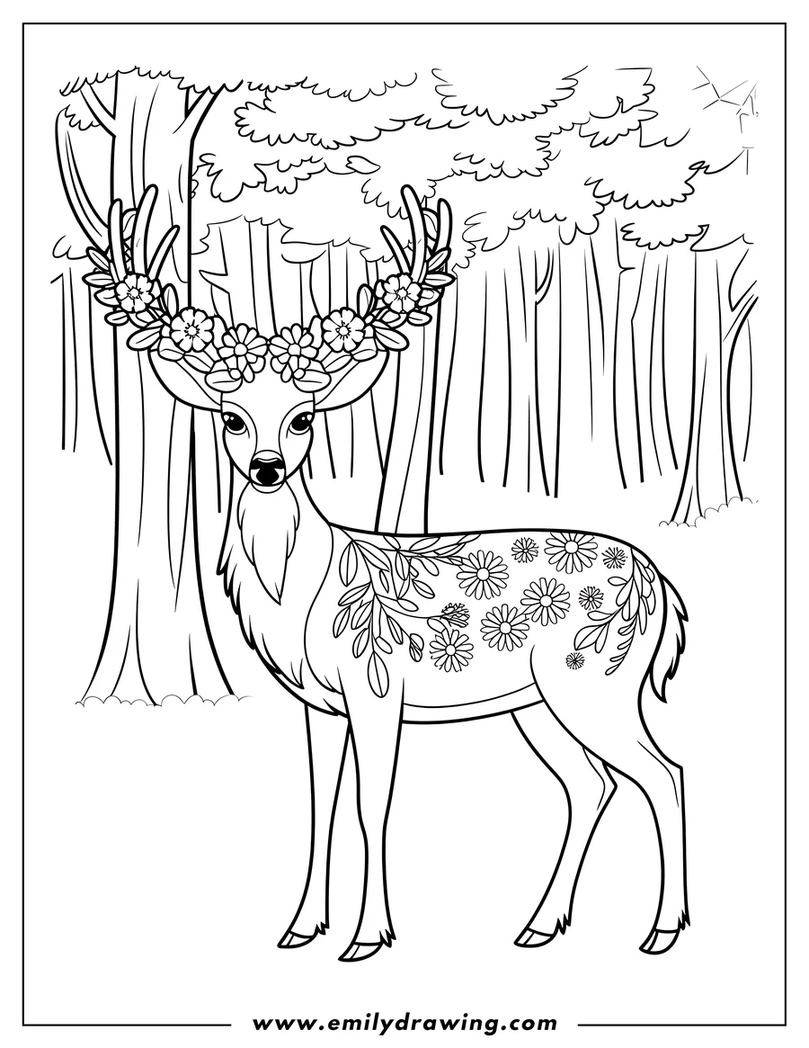 Outline of a deer wearing a crown of flowers, with additional floral patterns on its coat, standing in a forest setting.
